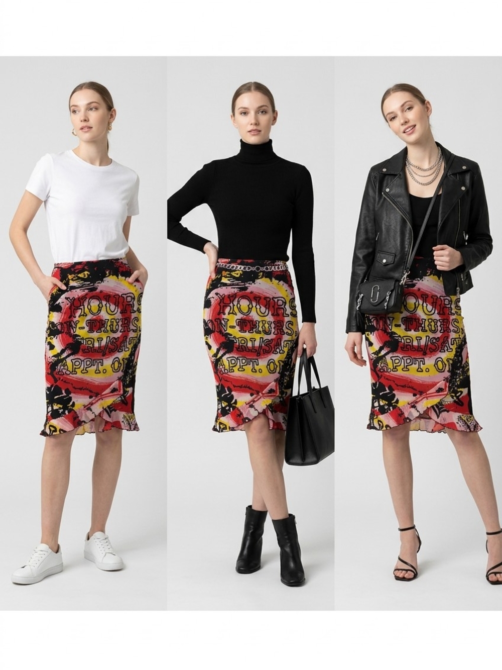 Made In Paris Red Pink Yellow Graphic Ruffle-Hem Midi Skirt